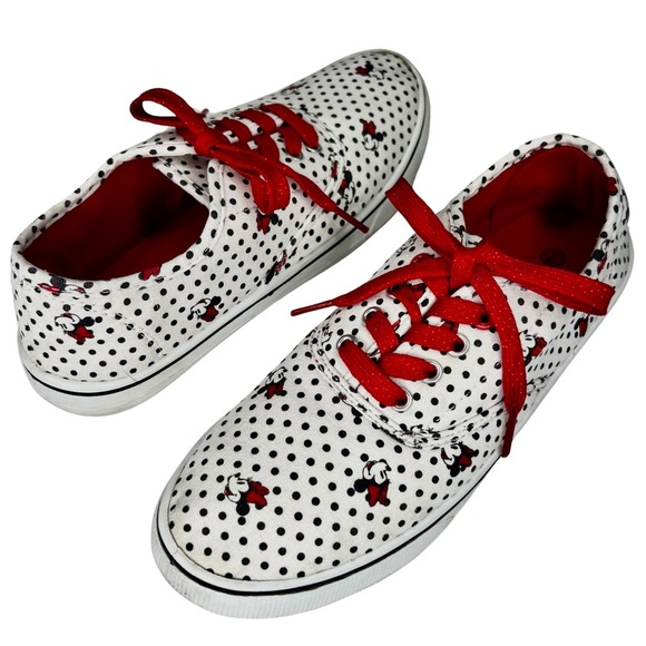 Disney Sneakers Minnie Mouse Polka Dot Canvas Sparkly Laces White Red Black 7 - Picture 14 of 14